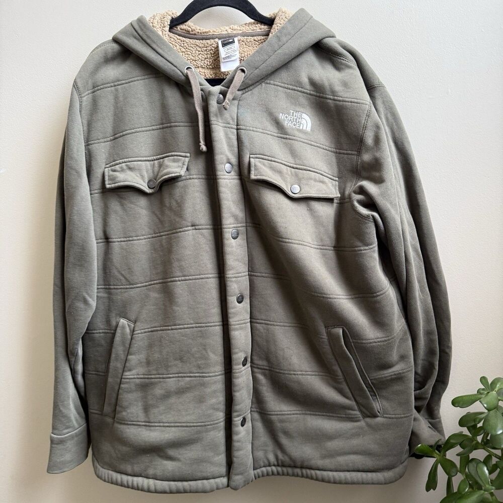 The North Face Mens Sherpa Lined Hoodie Jacket Olive Green Zip Snap Size XL - Picture 2 of 9